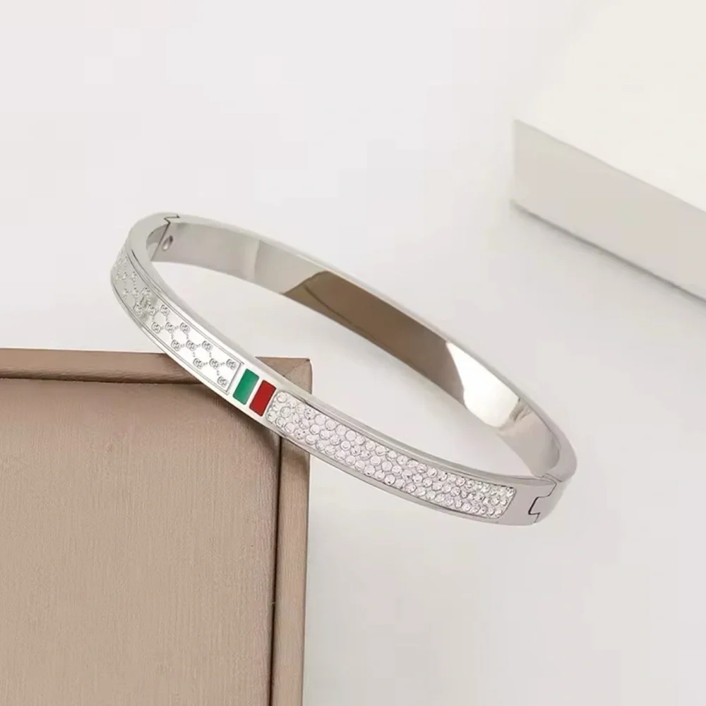 Silver Bangle with Red and Green Accents